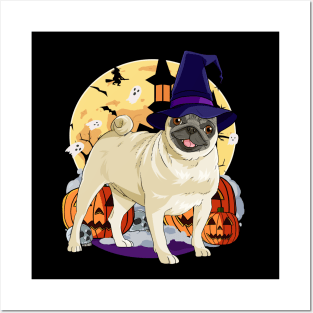 Pug Witch Pumpkin Happy Halloween Posters and Art